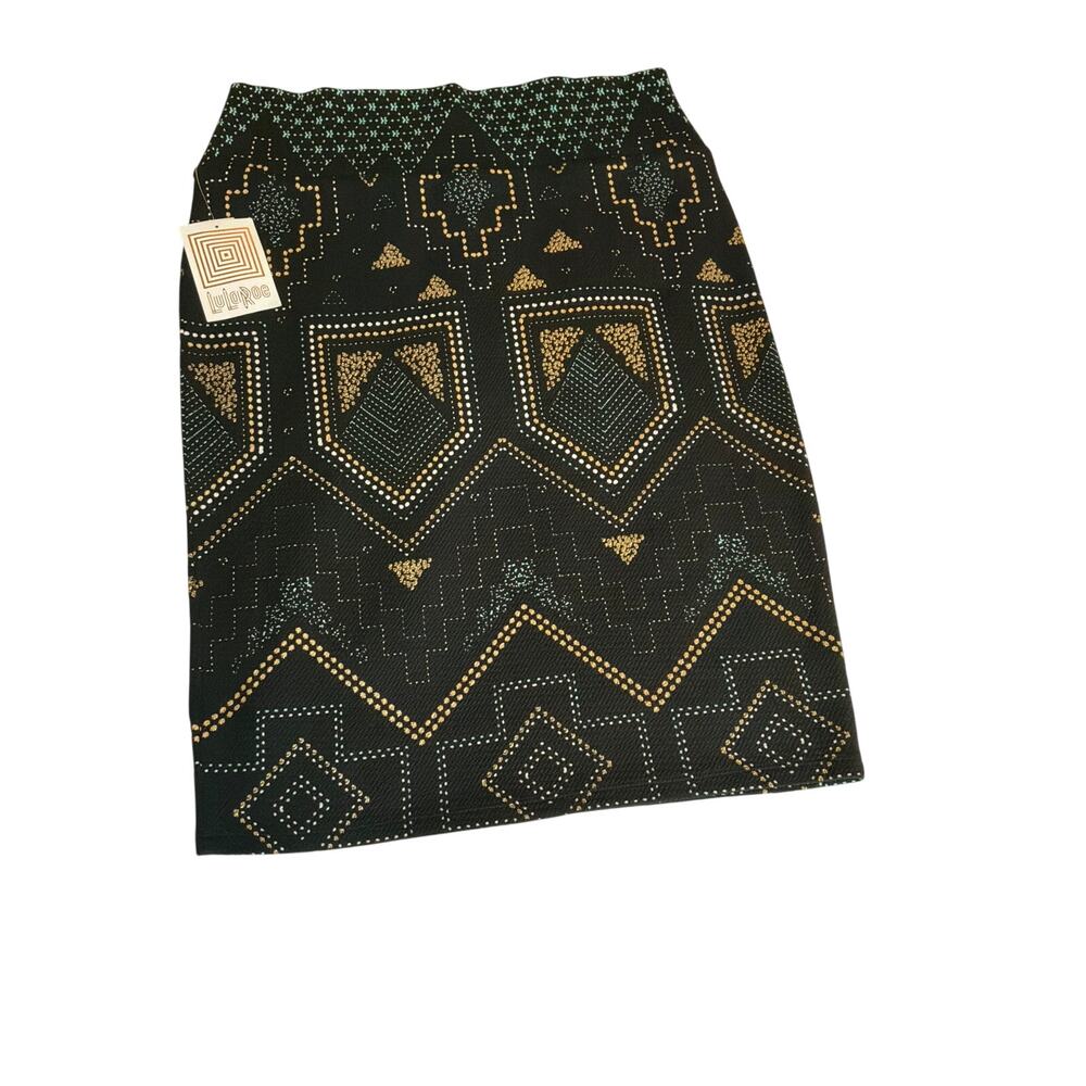 LuLaRoe Elegant Collection Cassie Skirt L NWT Black Gold Blue Geometric